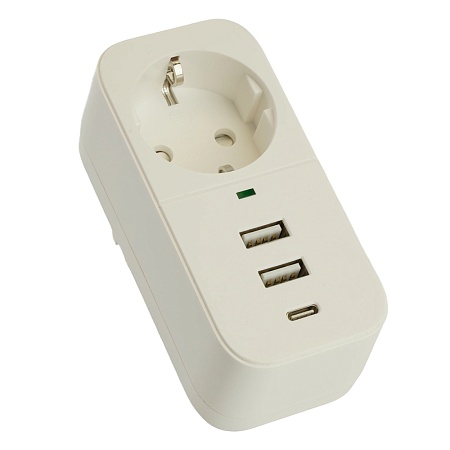 Сетевой фильтр 1-местный с/з STEKKER 250В, 16А,  2USB+1Type-C 2,4 A, серия Nova, HM81-11-1, белый - фото