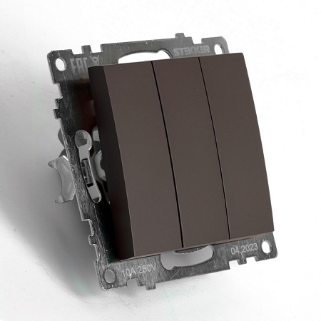 Выключатель 3-клавишный (механизм), STEKKER GLS10-7108-04, 250V, 10А, серия Катрин, шоколад - фото