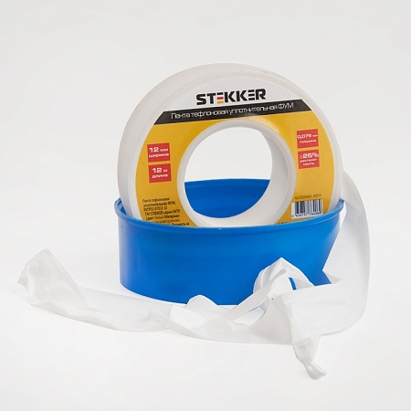 Лента уплотнительная тефлоновая ФУМ STEKKER 0,3 г/м3, 0,075*12 мм, 12 м. белая INTP12-07512-12 - фото