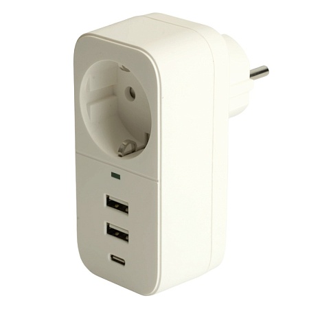 Сетевой фильтр 1-местный с/з STEKKER 250В, 16А,  2USB+1Type-C 2,4 A, серия Nova, HM81-11-1, белый - фото