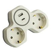 Разветвитель сетевой 2-местный с/з STEKKER ADP16-15-20, 250V, 16A и USB+Type C на 2.4А, белый/серый