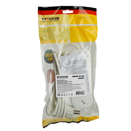 Удлинитель четырехместный с/з  STEKKER HM06-40-03 3x1мм2, 3м, серия Home (У10-429), белый - фото