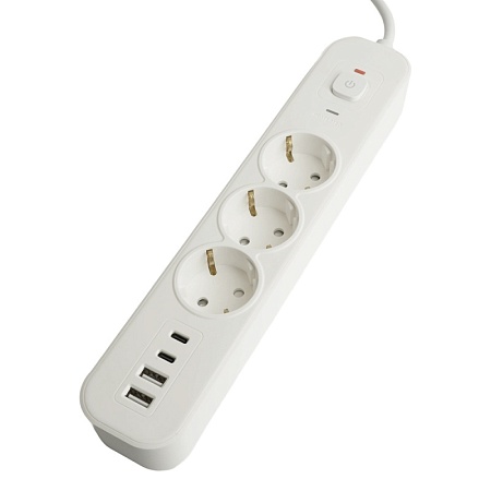 Сетевой фильтр 3-местный с/з STEKKER 3x1мм2, 1,8 м, 250В, 16А, 2 USB-A+2 Type-C, серия Nova, белый - фото