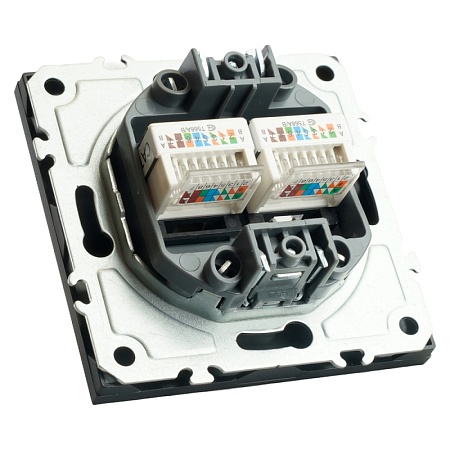 Розетка компьютерная 2-местная RJ-45 (механизм), STEKKER, серия Эмили, RST00-5111-05, черный уголь, soft touch - фото