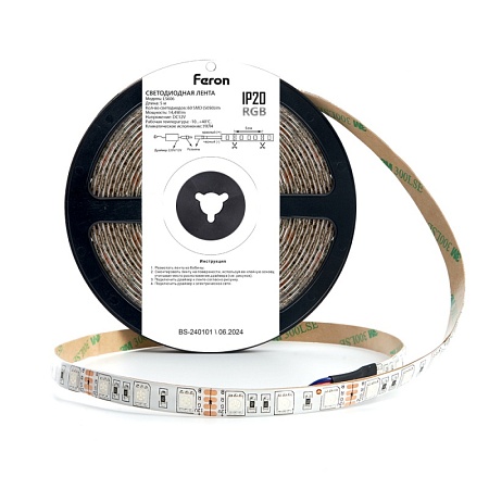Светодиодная LED лента Feron LS606, 60SMD(5050)/m 14.4W/m 12V 5m RGB c адаптером с вилкой, контроллером с пультом в комплекте - фото