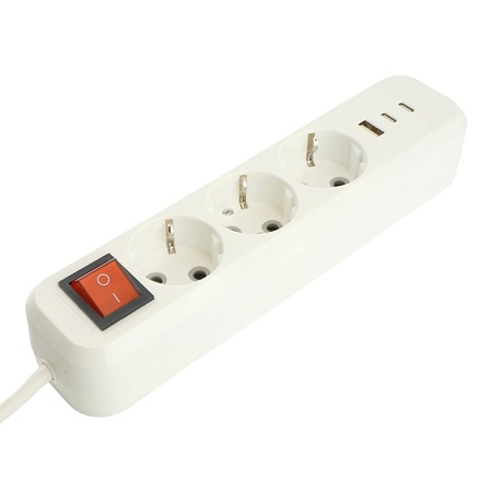 Удлинитель 3-местный с/з с выключ. STEKKER HM071-31-05 3x1мм2, 5м, 250В, 16А, 1USB+2C, 2.4A, сер Home, белый - фото