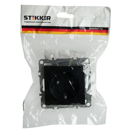 Розетка 1-местная c/з (механизм), STEKKER, PST16-9110-03, 250В, 16А с защитной шторкой, серия Эрна, черный - фото