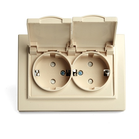 Розетка 2-местная с/з с крышкой STEKKER, PST16-9015-02, 250В, 16А, серия Эрна, слоновая кость - фото