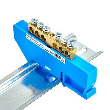 Шина"N" на изоляторе STEKKER 6*9 на DIN-рейку 6 выводов, синий, LD555-69-6 - фото