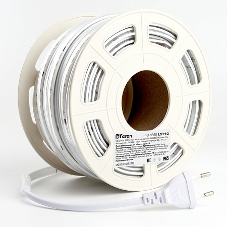 Светодиодная LED лента Feron LS710, 120SMD(2835)/м 10Вт/м 220V длина 25м, 3000K, IP65, с 1 сетевым шнуром, 2 заглушками, 2 коннекторами в комплекте - фото