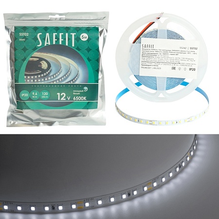 SST02 SAFFIT 120SMD(2835)/м 9.6Вт/м 12V 5000*8*1.22мм 6500К, IP20 - фото