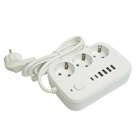 Удлинитель 3-местный c/з 3x1 мм2, 1,8 м, 250В, 10А, 4USB+2Type-C 2,4А, серия Home plus, белый STEKKER HM09-36-02 - фото