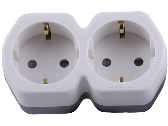 Разветвитель сетевой 2-местный с/з STEKKER ADP16-12-20, 250V,16A, ABS огнеустойчивый пластик, белый/серый - фото