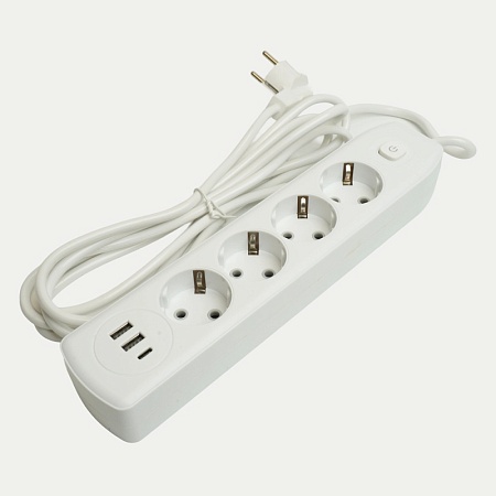 Удлинитель 4-местный c/з 3x1 мм2, 3 м, 250В, 10А, 2USB+1Type-C 2,4А, серия Home plus, белый STEKKER HM08-43-02 - фото