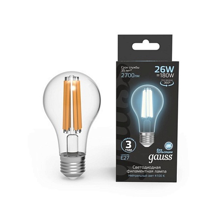 Светодиодная филаментная лампа Gauss FILAMENT A70 26W 2700Lm 4100K E27 102902226 - фото