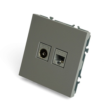 Розетка TV + компьютерная RJ-45 (механизм), STEKKER, серия Эмили, RST00-5106-10, платиново-серый, soft touch - фото