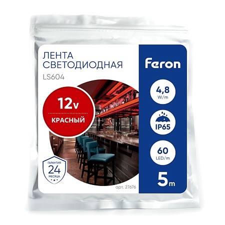 Светодиодная LED лента Feron LS604, 60SMD(2835)/m 4.8W/m 12V IP65 5m красный - фото