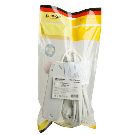 Удлинитель трехместный с/з  с выключ. STEKKER HM07-31-10 3x1мм2, 10м, серия Home (У16А-002), белый - фото