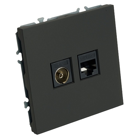 Розетка TV + компьютерная RJ-45 (механизм), STEKKER, RST00-5106-05, серия Эмили, черный уголь, soft touch - фото