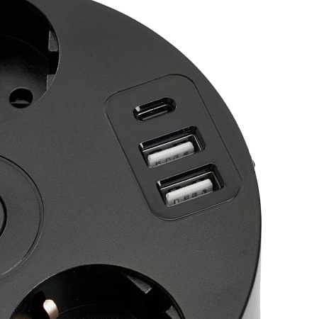 HM10-51-01 Удлинитель 5-местный с/з, 3x1мм2, 2.5м, 250В, 16А, 2USB+С 5V 3,1А, серия Comfort, черный - фото