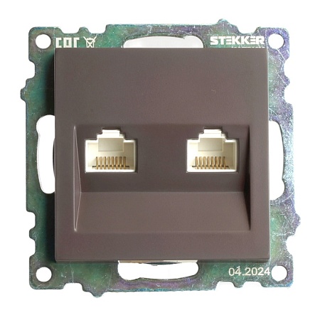 Розетка компьютерная 2-местная RJ-45 (механизм) STEKKER GLS00-7109-04, серия Катрин, шоколад - фото