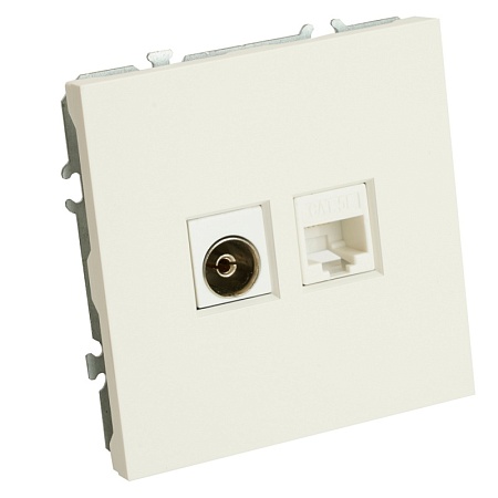 Розетка TV + компьютерная RJ-45 (механизм), STEKKER, серия Эмили, RST00-5106-01, белый фарфор, soft touch - фото