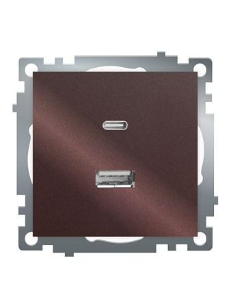 Розетка 2-местная USB + type C, STEKKER GLS10-7116-04, 250В, 3А, max 20W,серия Катрин, шоколад - фото