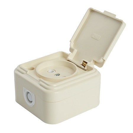 Розетка 1-местная б/з с крышкой STEKKER, PST16-20-44 (RA 16-201-БЖ), пластик АВС, 250В, 16А, IP44, слоновая кость - фото