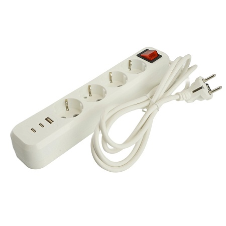 Удлинитель 4-местный с/з с выключ. STEKKER HM071-41-03 3x1мм2, 3м, 250В, 16А, 1USB+2C, 2.4A, сер Home, белый - фото