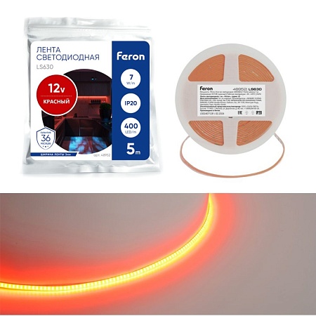 Светодиодная COB лента Feron LS630, 400SMD(2110)/ 7Вт/м 12V 5000*3*1.8мм красный, IP20 - фото