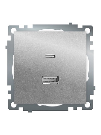 Розетка 2-местная USB + type C (механизм)), STEKKER GLS10-7116-03 , 250B, 3А, max 20W, серия Катрин, серебро - фото