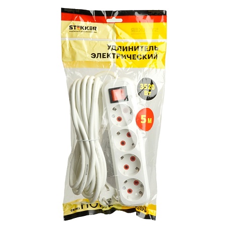 Удлинитель четырехместный с/з  с выключ. STEKKER HM07-41-05 3x1мм2, 5м, (У16А-003)  серия Home , белый - фото