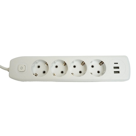 Удлинитель 4-местный c/з 3x1 мм2, 1,8 м, 250В, 10А, 2USB+1Type-C 2,4А, серия Home plus, белый STEKKER HM08-43-02 - фото