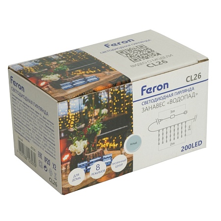 Светодиодная гирлянда Feron CL26 занавес Водопад  2*2м  + 3м 230V 5000К с контроллером, c питанием от сети, прозрачный шнур - фото