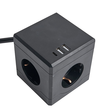 HM10-41-01 Удлинитель 3-местный с/з, 3x1мм2, 1.5м, 250В, 16А, 2USB+1С, 5V 3,1А, серия Comfort, черный - фото