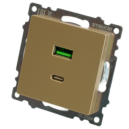 Розетка 2-местная USB + type C (механизм), 250В, 3А, max 20W, STEKKER, GLS10-7116-08, серия Катрин, золото - фото