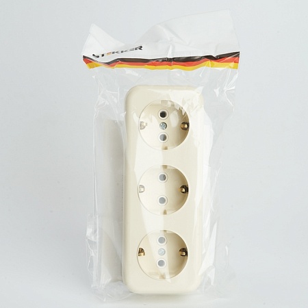 Розетка 3-местная с/з STEKKER, PST16-51-20 (RA 16-343-БЖ), пластик АВС, 250В, 16А, IP20, слоновая кость - фото