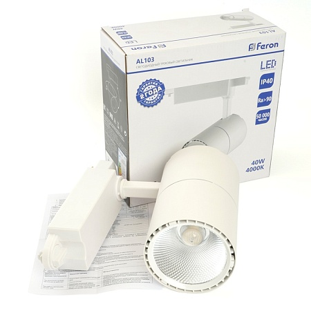 Светодиодный светильник Feron AL103 трековый однофазный на шинопровод 40W 4000K, 35 градусов, белый с индексом цветопередачи >90Ra серия TrueColor - фото