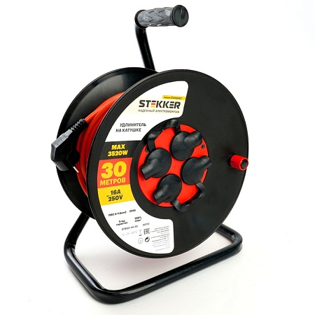 Удлинитель на катушке Stekker STD03-44-30 Standart 4-местный с/з ПВС 3*1,5, оранжевый, 16А, IP44, 30м (29407) - фото