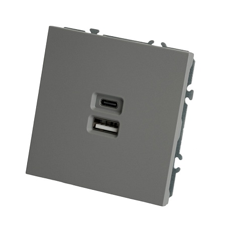 Розетка 2-местная USB + Type C (механизм), STEKKER, 250В, 20W, серия Эмили, RST10-5115-10, платиново-серый, soft touch - фото