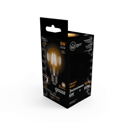 Светодиодная филаментная лампа Gauss A60 6W 600Lm 2700K E27 102802106 - фото
