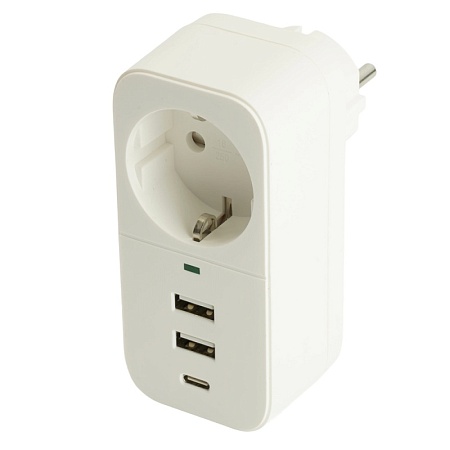 Сетевой фильтр 1-местный с/з STEKKER 250В, 16А,  2USB+1Type-C 2,4 A, серия Nova, HM81-11-1, белый - фото