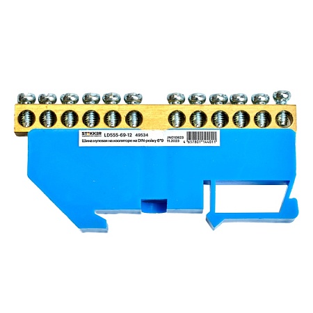 Шина"N" на изоляторе STEKKER 6*9 на DIN-рейку 12 выводов, синий, LD555-69-12 - фото