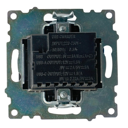 Розетка 2-местная USB + type C (механизм), STEKKER GLS10-7116-05, 250B, 3А, серия Катрин, черный - фото