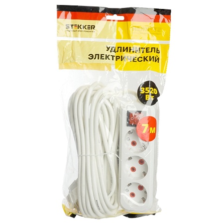 Удлинитель трехместный с/з  с выключ. STEKKER HM07-31-07 3x1мм2, 7м, серия Home (У16А-002), белый - фото