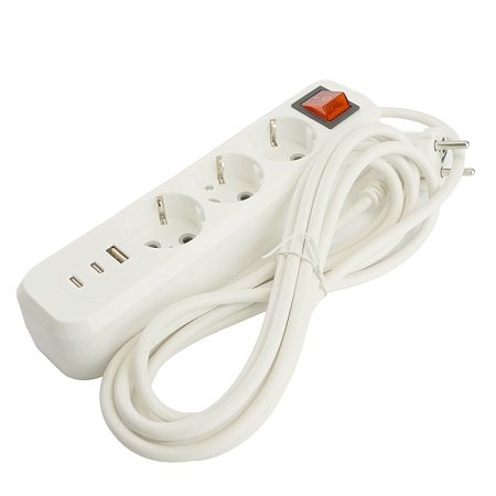 Удлинитель 3-местный с/з с выключ. STEKKER HM071-31-05 3x1мм2, 5м, 250В, 16А, 1USB+2C, 2.4A, сер Home, белый - фото