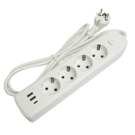 Удлинитель 4-местный c/з 3x1 мм2, 1,8 м, 250В, 10А, 2USB+1Type-C 2,4А, серия Home plus, белый STEKKER HM08-43-02 - фото