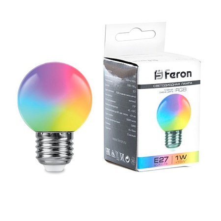 Лампа светодиодная Feron LB-37 Шарик матовый E27 1W 230V RGB плавная сменая цвета - фото
