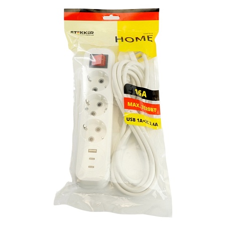 Удлинитель 3-местный с/з с выключ. STEKKER HM071-31-03 3x1мм2, 3м, 250В, 16А, 1USB+2C, 2.4A, сер Home, белый - фото