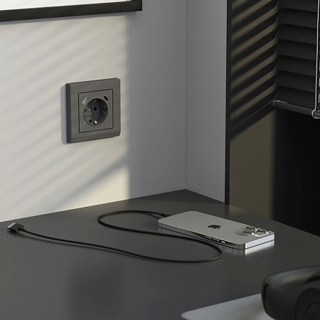 Розетка с заземлением, шторками и USB тип A+C  (графит матовый) W1171764 - фото
